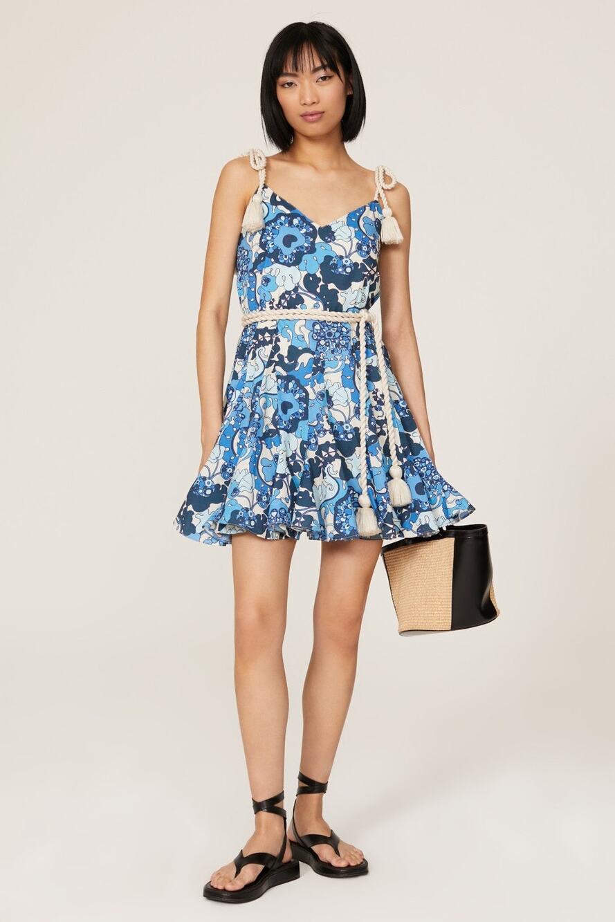 Rhode Sz Large Casey Blue Floral Print A-Line Tassel Tie Sleeveless Mini Dress